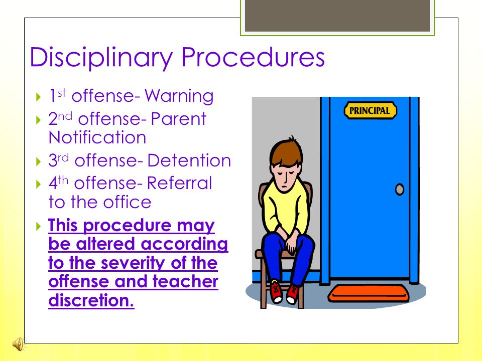 Disciplinary Procedures  1 st offense- Warning  2 nd offense- Parent Notification  3 rd offense- Detention  4 th offense- Referral to the office  This procedure may be altered according to the severity of the offense and teacher discretion.