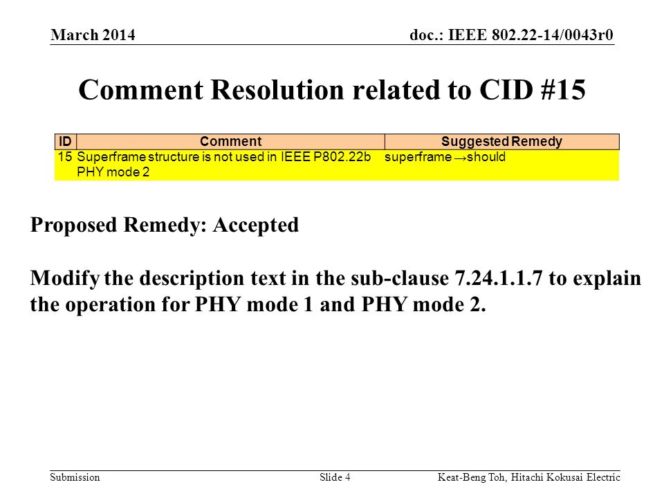 doc.: IEEE /0043r0 Submission March 2014 Keat-Beng Toh, Hitachi Kokusai ElectricSlide 4 Comment Resolution related to CID #15 IDCommentSuggested Remedy 15Superframe structure is not used in IEEE P802.22b PHY mode 2 superframe →should Proposed Remedy: Accepted Modify the description text in the sub-clause to explain the operation for PHY mode 1 and PHY mode 2.