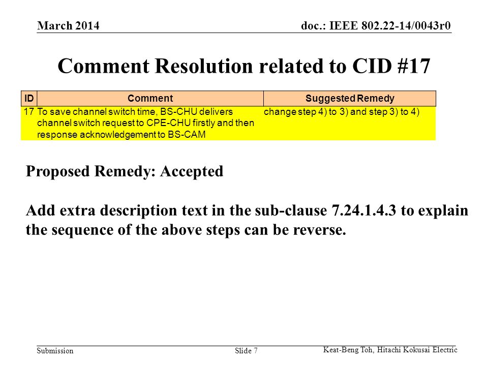 doc.: IEEE /0043r0 Submission March 2014 Keat-Beng Toh, Hitachi Kokusai Electric Slide 7 Comment Resolution related to CID #17 Proposed Remedy: Accepted Add extra description text in the sub-clause to explain the sequence of the above steps can be reverse.