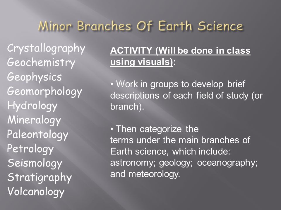 Crystallography Geochemistry Geophysics Geomorphology Hydrology Mineralogy Paleontology Petrology Seismology Stratigraphy Volcanology ACTIVITY (Will be done in class using visuals): Work in groups to develop brief descriptions of each field of study (or branch).