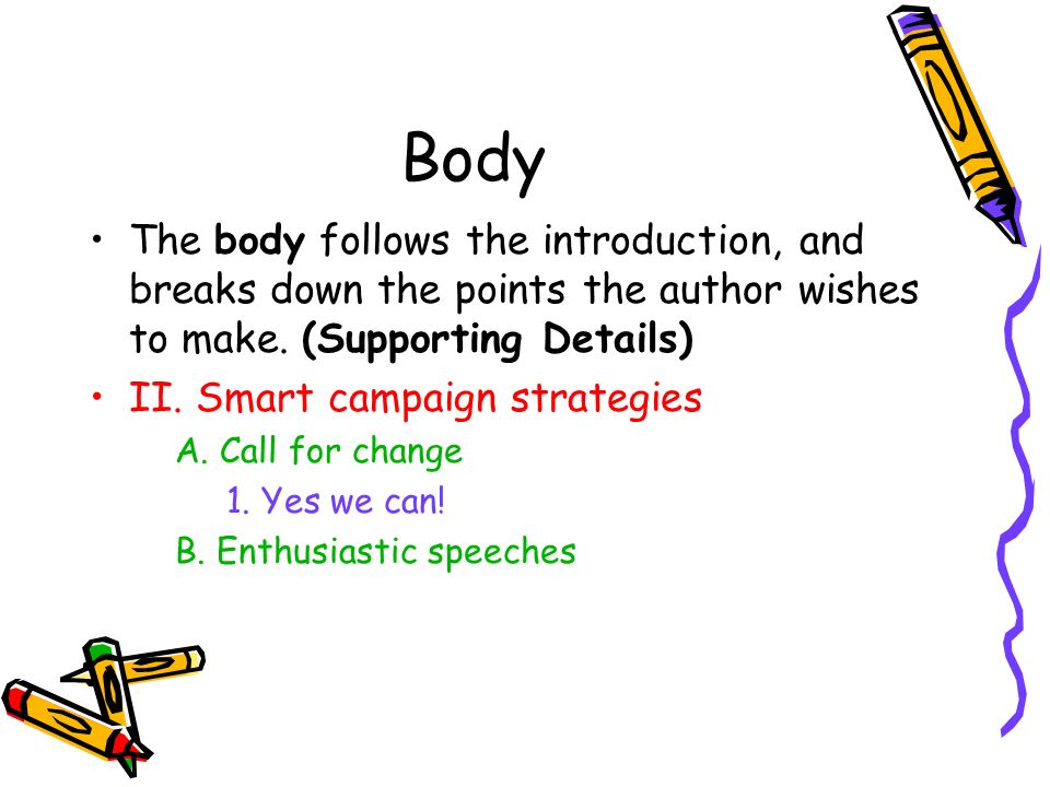 Body The body follows the introduction, and breaks down the points the author wishes to make.