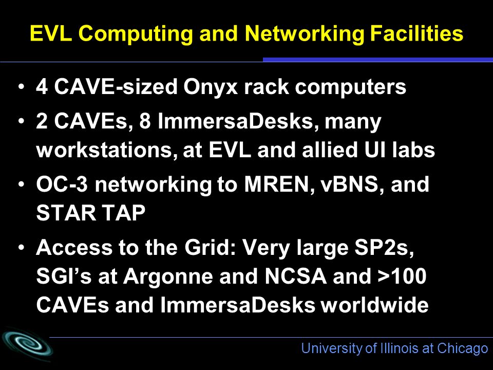 University of Illinois at Chicago EVL Computing and Networking Facilities 4 CAVE-sized Onyx rack computers 2 CAVEs, 8 ImmersaDesks, many workstations, at EVL and allied UI labs OC-3 networking to MREN, vBNS, and STAR TAP Access to the Grid: Very large SP2s, SGI’s at Argonne and NCSA and >100 CAVEs and ImmersaDesks worldwide