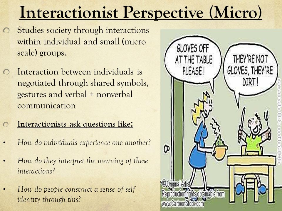 Interactionist Perspective (Micro) Studies society through interactions within individual and small (micro scale) groups.