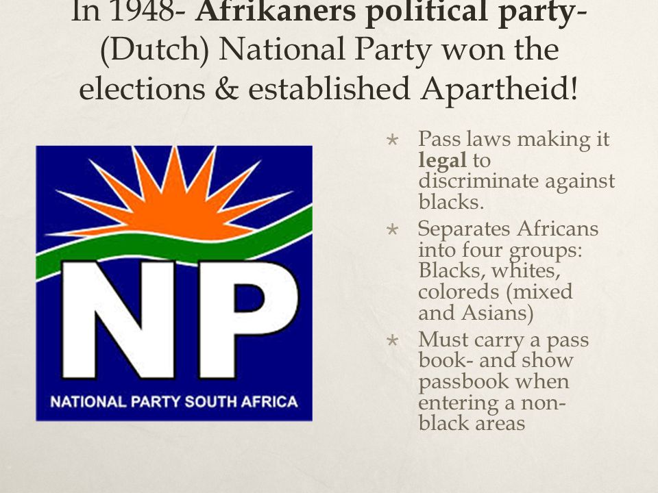 In Afrikaners political party - (Dutch) National Party won the elections & established Apartheid.