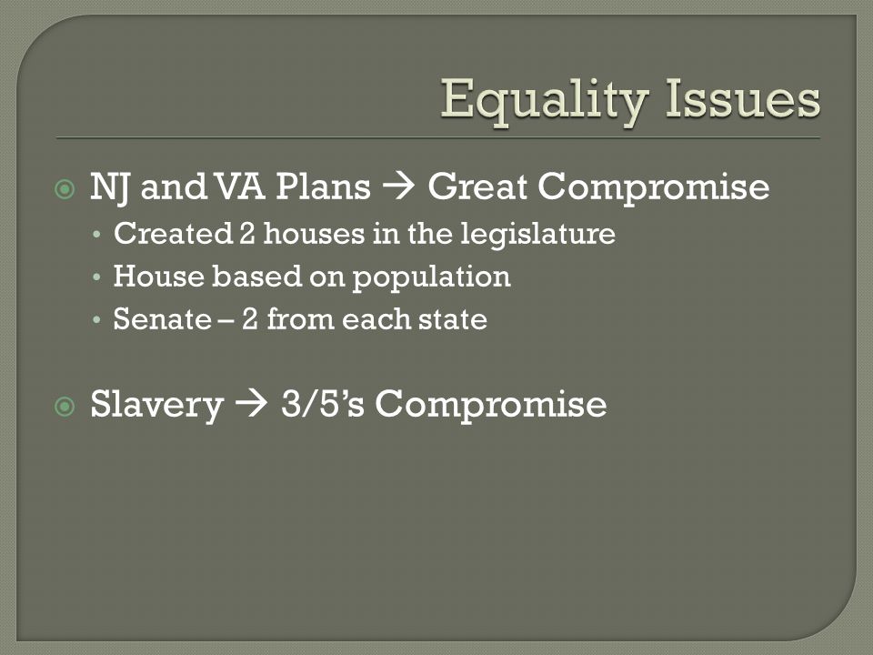  NJ and VA Plans  Great Compromise Created 2 houses in the legislature House based on population Senate – 2 from each state  Slavery  3/5’s Compromise