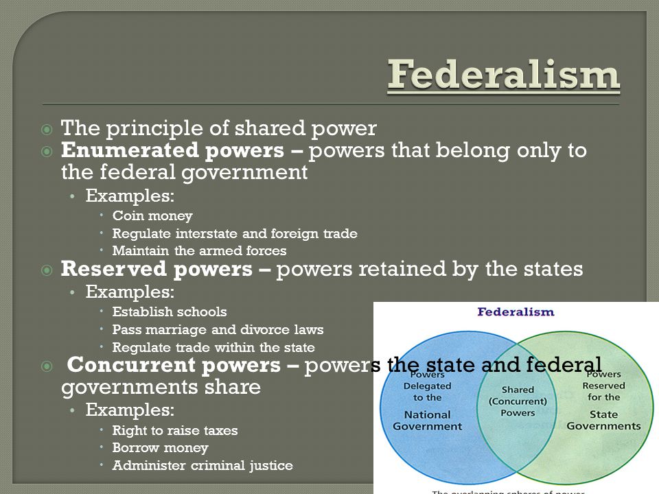  The principle of shared power  Enumerated powers – powers that belong only to the federal government Examples:  Coin money  Regulate interstate and foreign trade  Maintain the armed forces  Reserved powers – powers retained by the states Examples:  Establish schools  Pass marriage and divorce laws  Regulate trade within the state  Concurrent powers – powers the state and federal governments share Examples:  Right to raise taxes  Borrow money  Administer criminal justice
