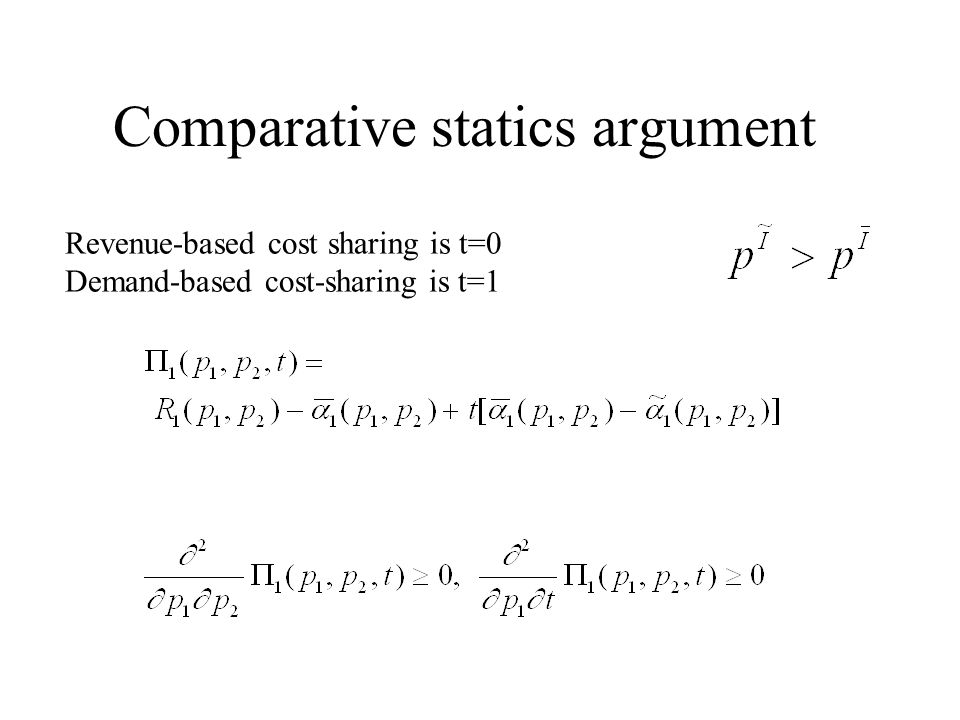 Comparative statics argument Revenue-based cost sharing is t=0 Demand-based cost-sharing is t=1