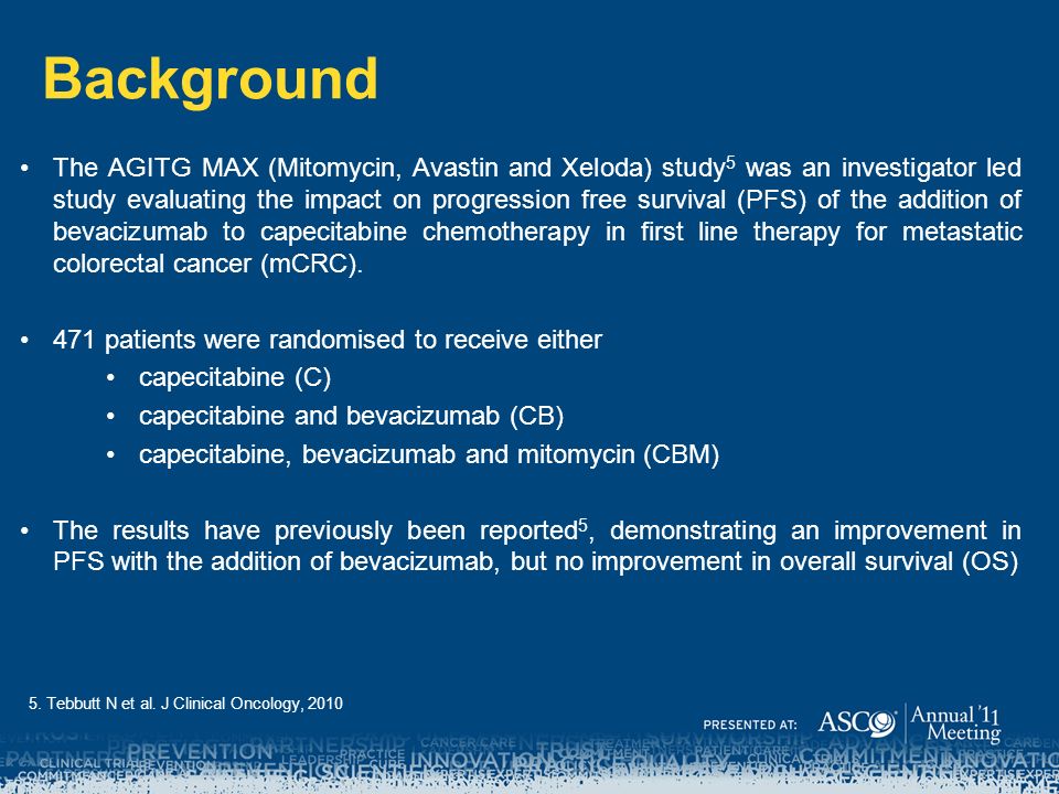 Background The AGITG MAX (Mitomycin, Avastin and Xeloda) study 5 was an investigator led study evaluating the impact on progression free survival (PFS) of the addition of bevacizumab to capecitabine chemotherapy in first line therapy for metastatic colorectal cancer (mCRC).