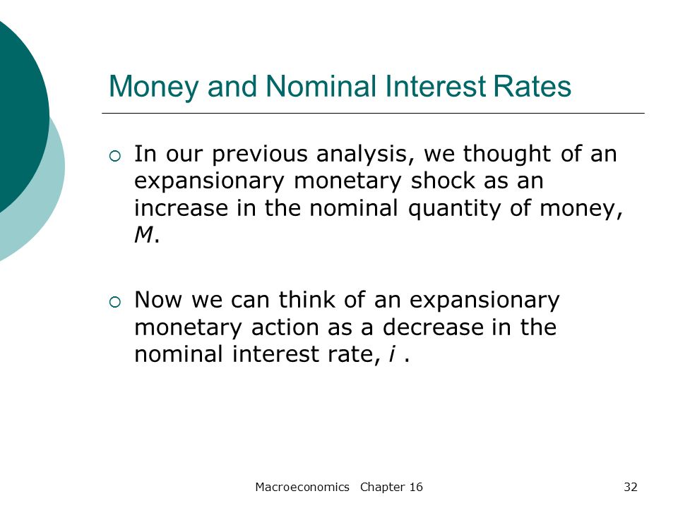 Macroeconomics Chapter 1632 Money and Nominal Interest Rates  In our previous analysis, we thought of an expansionary monetary shock as an increase in the nominal quantity of money, M.