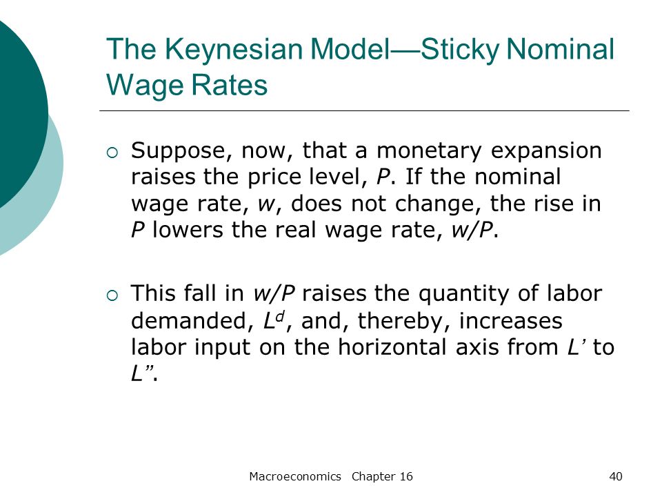 Macroeconomics Chapter 1640 The Keynesian Model—Sticky Nominal Wage Rates  Suppose, now, that a monetary expansion raises the price level, P.
