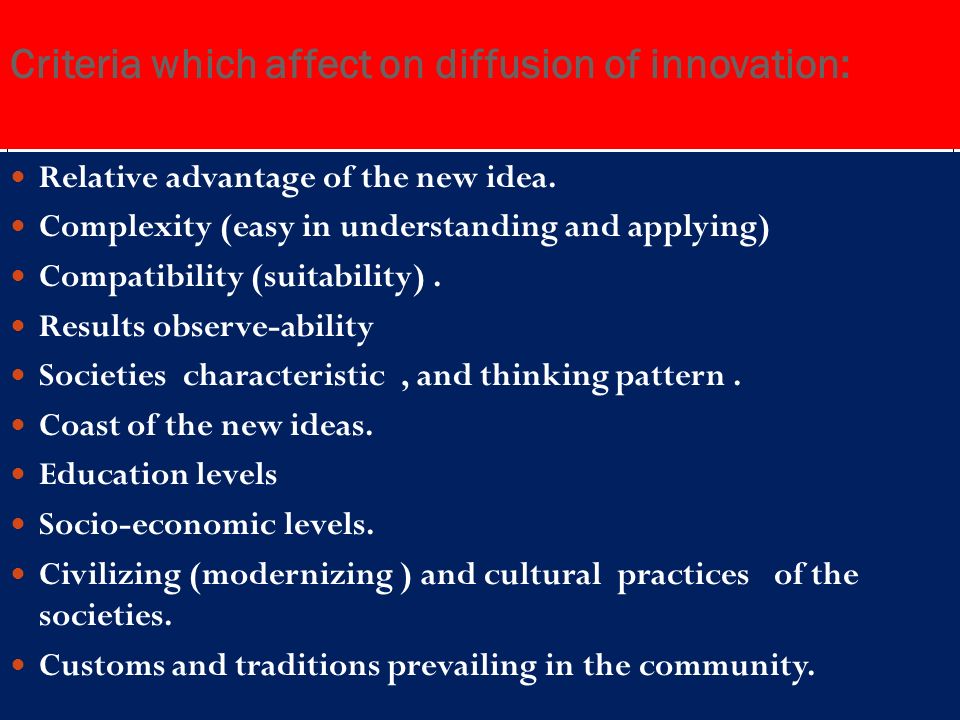 Criteria which affect on diffusion of innovation: Relative advantage of the new idea.