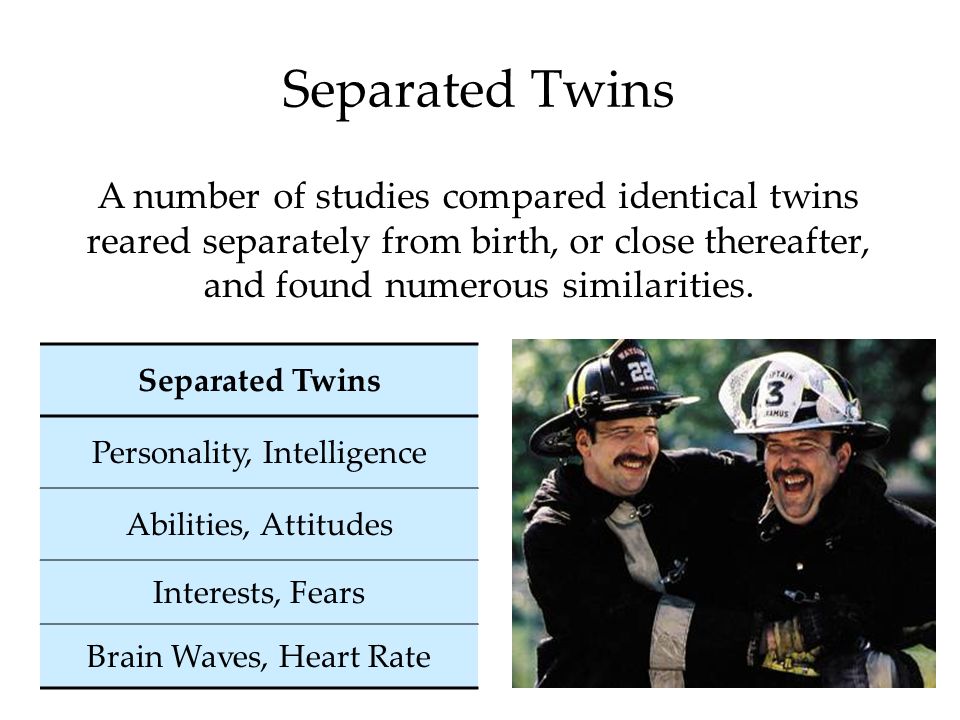 7 Separated Twins A number of studies compared identical twins reared separately from birth, or close thereafter, and found numerous similarities.