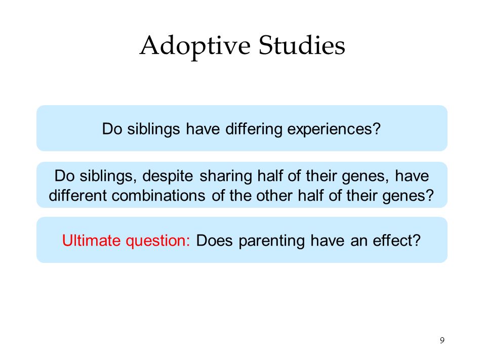 9 Adoptive Studies Do siblings have differing experiences.