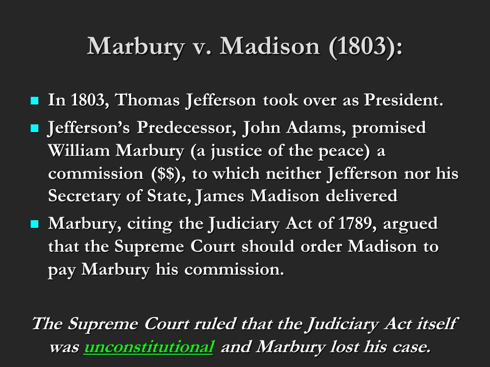 Marbury v. Madison (1803): In 1803, Thomas Jefferson took over as President.