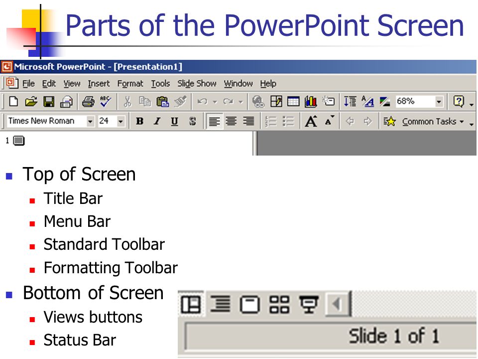 Parts of the PowerPoint Screen Top of Screen Title Bar Menu Bar Standard Toolbar Formatting Toolbar Bottom of Screen Views buttons Status Bar