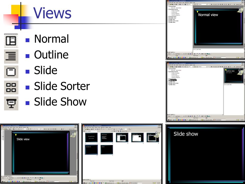 Views Normal Outline Slide Slide Sorter Slide Show