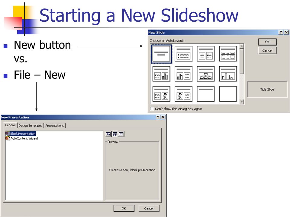 New button vs. File – New Starting a New Slideshow