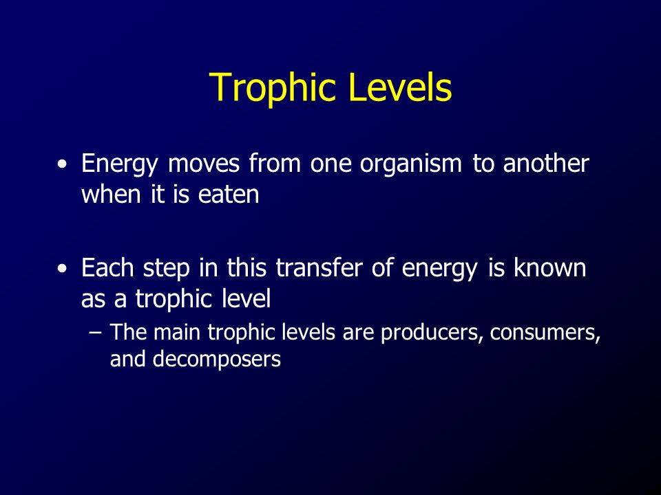 Trophic Levels Energy moves from one organism to another when it is eaten Each step in this transfer of energy is known as a trophic level –The main trophic levels are producers, consumers, and decomposers