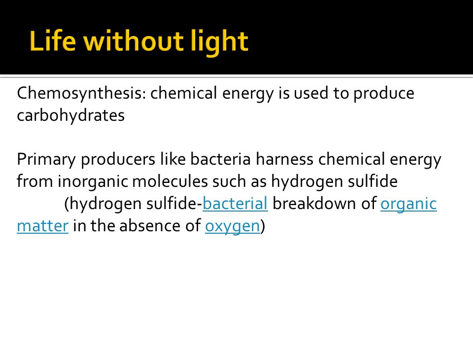 Chemosynthesis: chemical energy is used to produce carbohydrates Primary producers like bacteria harness chemical energy from inorganic molecules such as hydrogen sulfide (hydrogen sulfide-bacterial breakdown of organic matter in the absence of oxygen)bacterialorganic matteroxygen