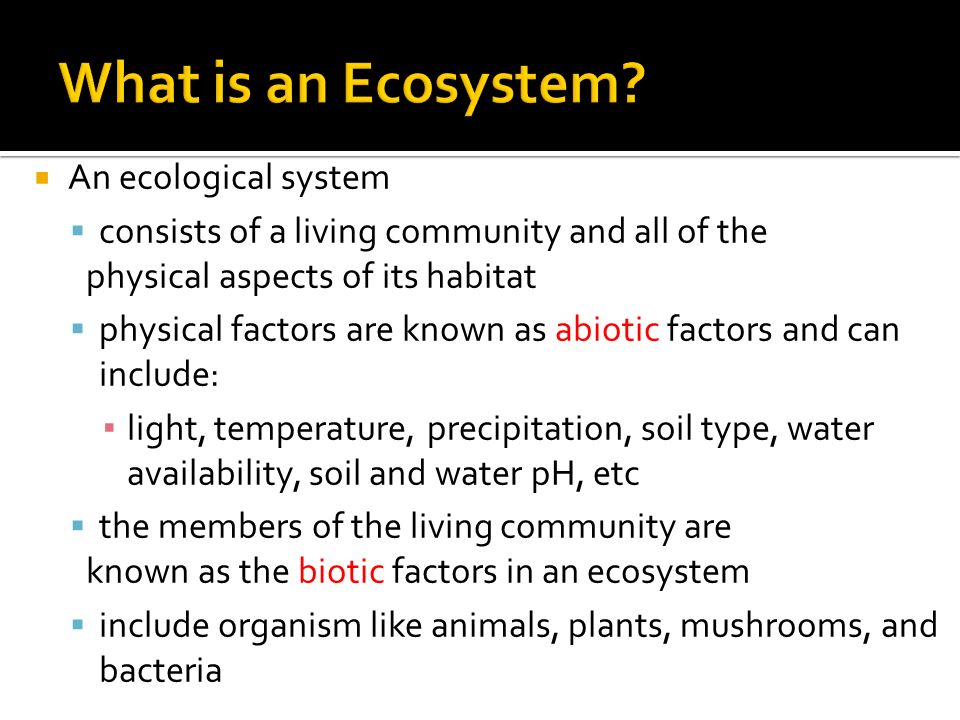  An ecological system  consists of a living community and all of the physical aspects of its habitat  physical factors are known as abiotic factors and can include: ▪ light, temperature, precipitation, soil type, water availability, soil and water pH, etc  the members of the living community are known as the biotic factors in an ecosystem  include organism like animals, plants, mushrooms, and bacteria