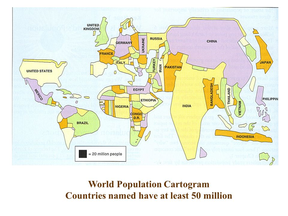 World Population Cartogram Countries named have at least 50 million