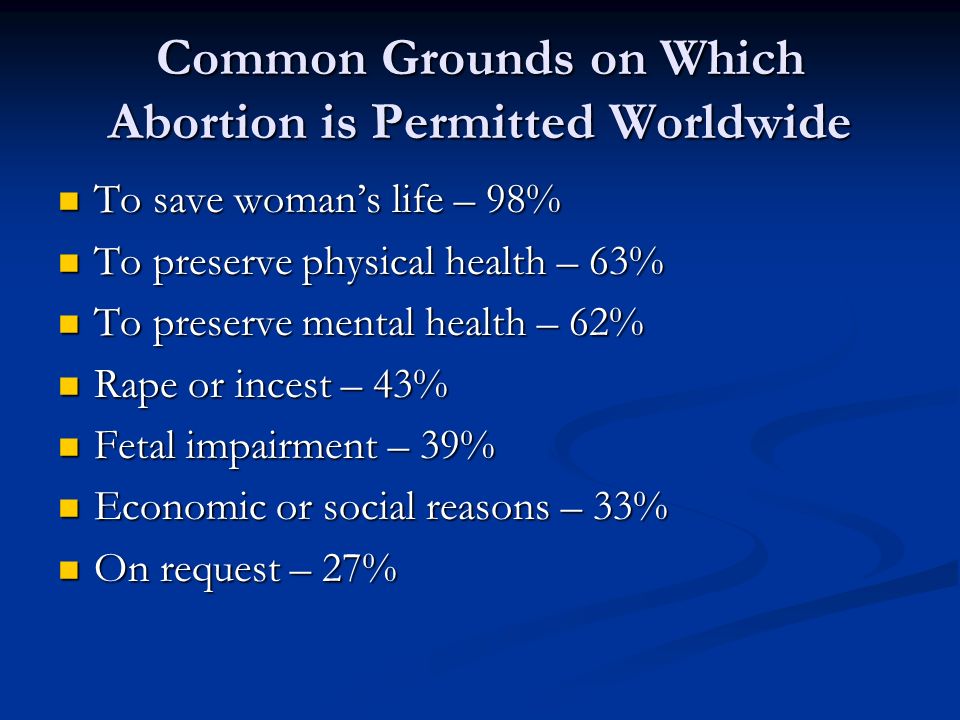 Common Grounds on Which Abortion is Permitted Worldwide To save woman’s life – 98% To save woman’s life – 98% To preserve physical health – 63% To preserve physical health – 63% To preserve mental health – 62% To preserve mental health – 62% Rape or incest – 43% Rape or incest – 43% Fetal impairment – 39% Fetal impairment – 39% Economic or social reasons – 33% Economic or social reasons – 33% On request – 27% On request – 27%