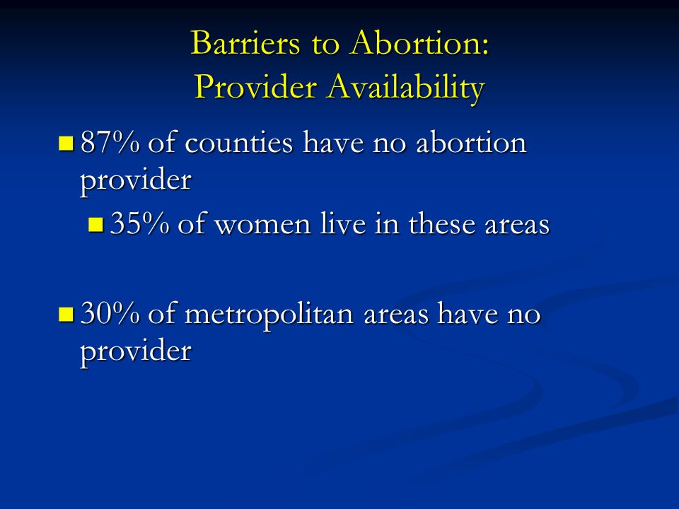 Barriers to Abortion: Provider Availability 87% of counties have no abortion provider 87% of counties have no abortion provider 35% of women live in these areas 35% of women live in these areas 30% of metropolitan areas have no provider 30% of metropolitan areas have no provider