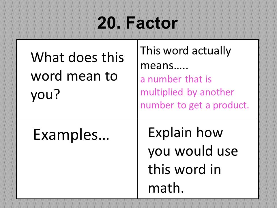 20. Factor What does this word mean to you? 
