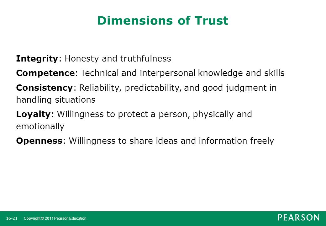 Integrity: Honesty and truthfulness Competence: Technical and interpersonal knowledge and skills Consistency: Reliability, predictability, and good judgment in handling situations Loyalty: Willingness to protect a person, physically and emotionally Openness: Willingness to share ideas and information freely Dimensions of Trust Copyright © 2011 Pearson Education