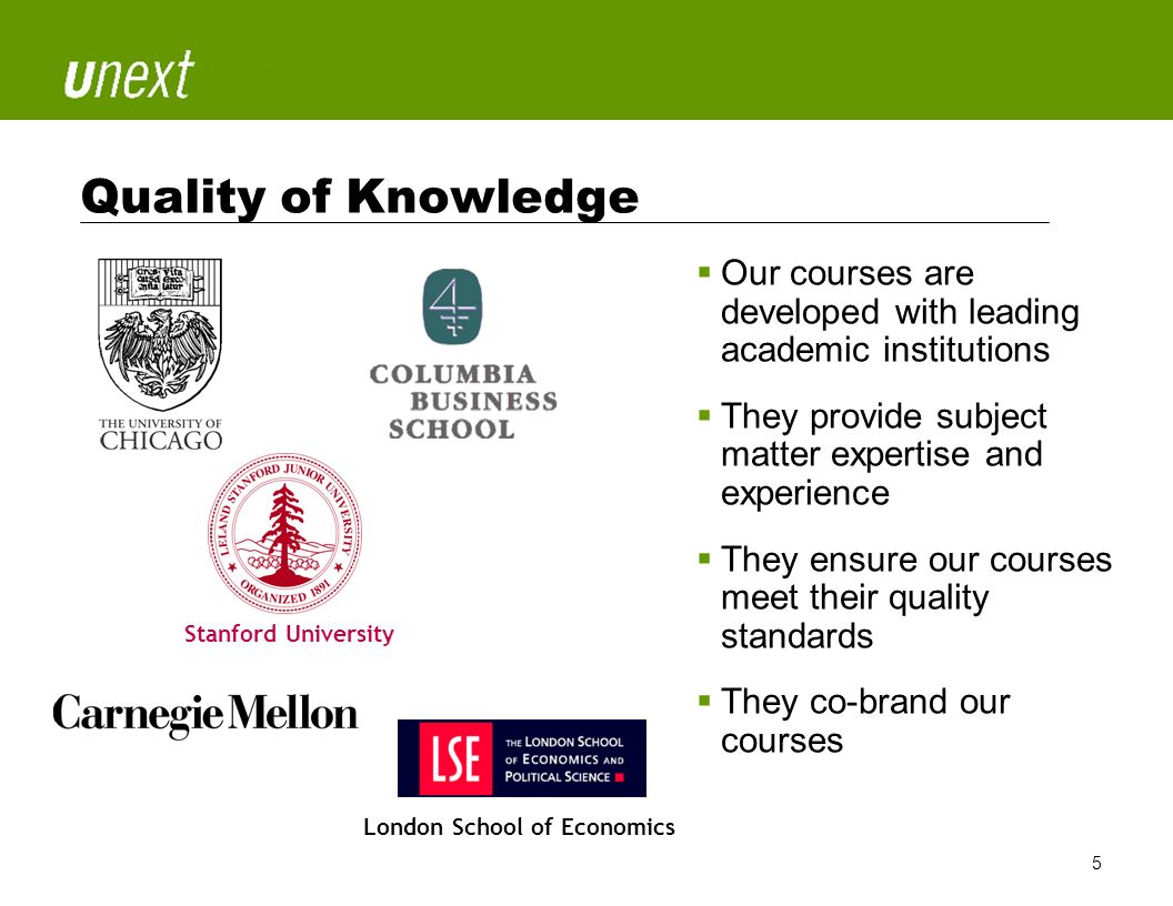 SM 5 Quality of Knowledge  Our courses are developed with leading academic institutions  They provide subject matter expertise and experience  They ensure our courses meet their quality standards  They co-brand our courses Stanford University London School of Economics