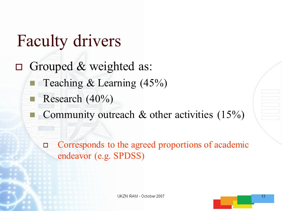 UKZN RAM - October Faculty drivers  Grouped & weighted as: Teaching & Learning (45%) Research (40%) Community outreach & other activities (15%)  Corresponds to the agreed proportions of academic endeavor (e.g.
