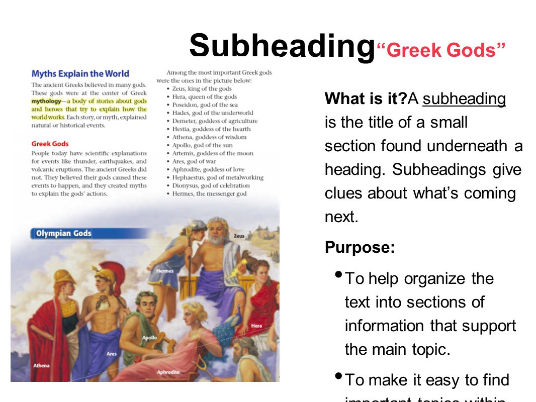 Subheading Greek Gods What is it A subheading is the title of a small section found underneath a heading.