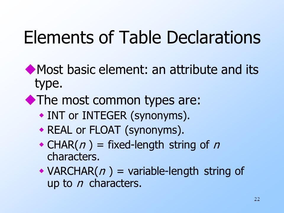 22 Elements of Table Declarations uMost basic element: an attribute and its type.