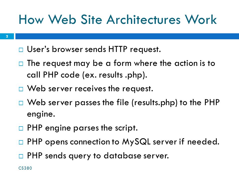 PHP and MySQL CS How Web Site Architectures Work User’s browser sends ...