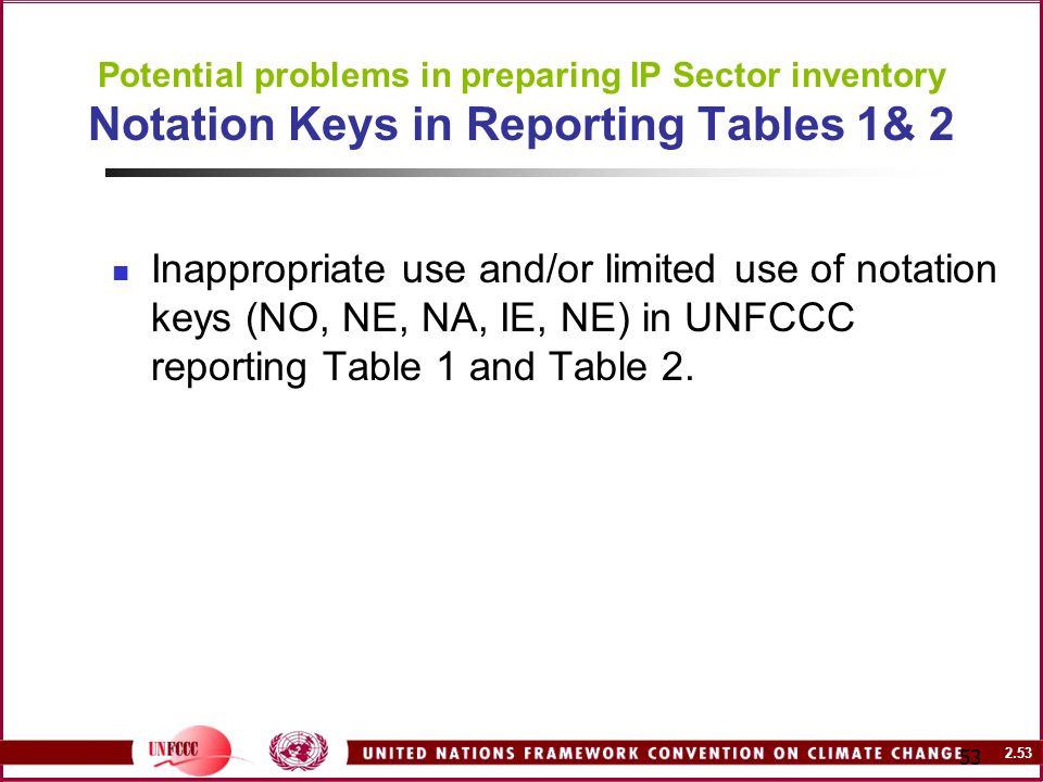 Potential problems in preparing IP Sector inventory Notation Keys in Reporting Tables 1& 2 Inappropriate use and/or limited use of notation keys (NO, NE, NA, IE, NE) in UNFCCC reporting Table 1 and Table 2.