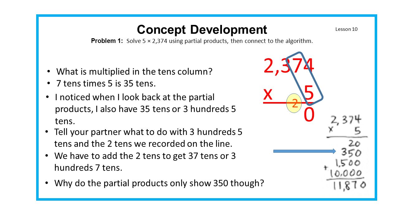 Lesson 10 Concept Development Problem 1: Solve 5 × 2,374 using partial products, then connect to the algorithm.