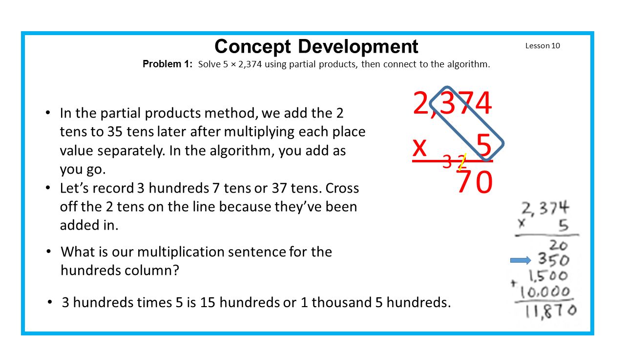 Lesson 10 Concept Development Problem 1: Solve 5 × 2,374 using partial products, then connect to the algorithm.