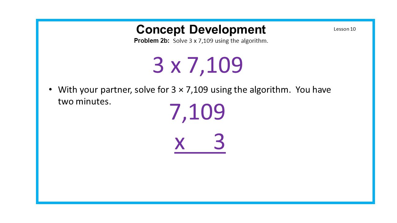 Lesson 10 Concept Development Problem 2b: Solve 3 x 7,109 using the algorithm.