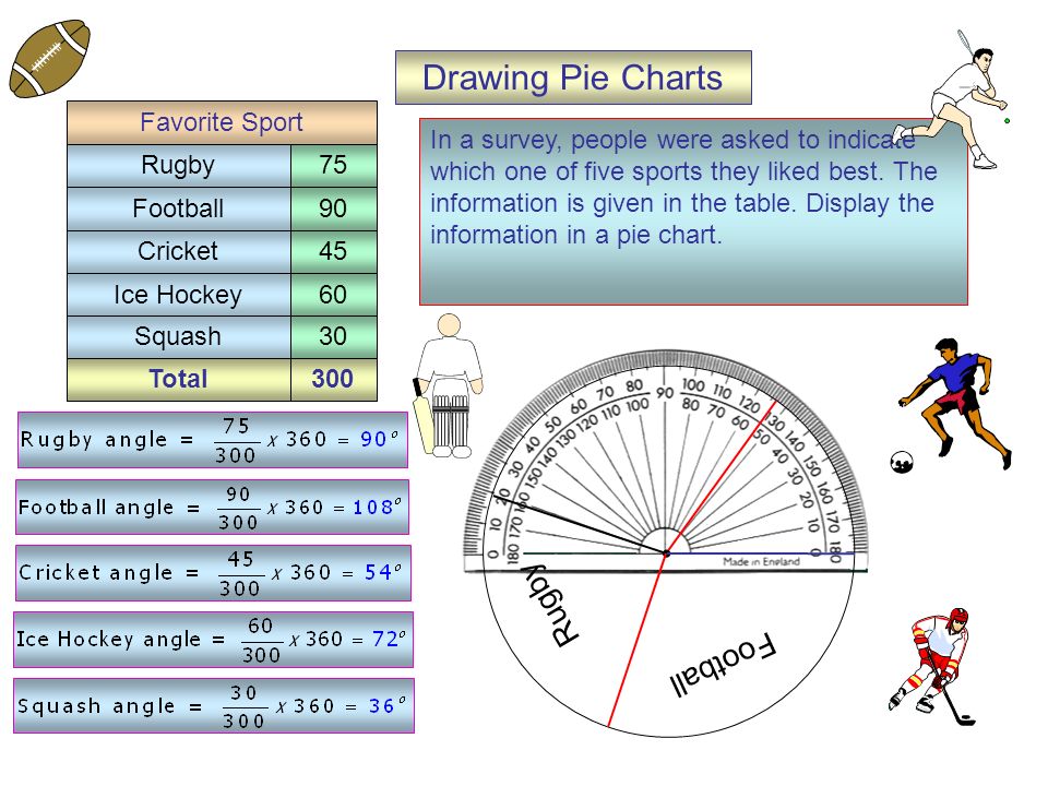Total300 Drawing Pie Charts In a survey, people were asked to indicate which one of five sports they liked best.