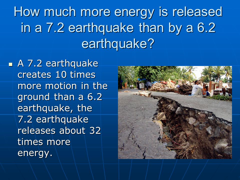 How much more energy is released in a 7.2 earthquake than by a 6.2 earthquake.