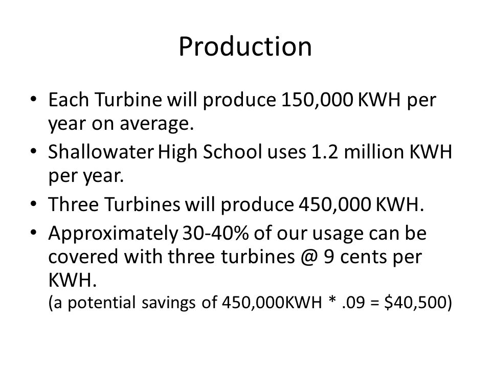 Production Each Turbine will produce 150,000 KWH per year on average.