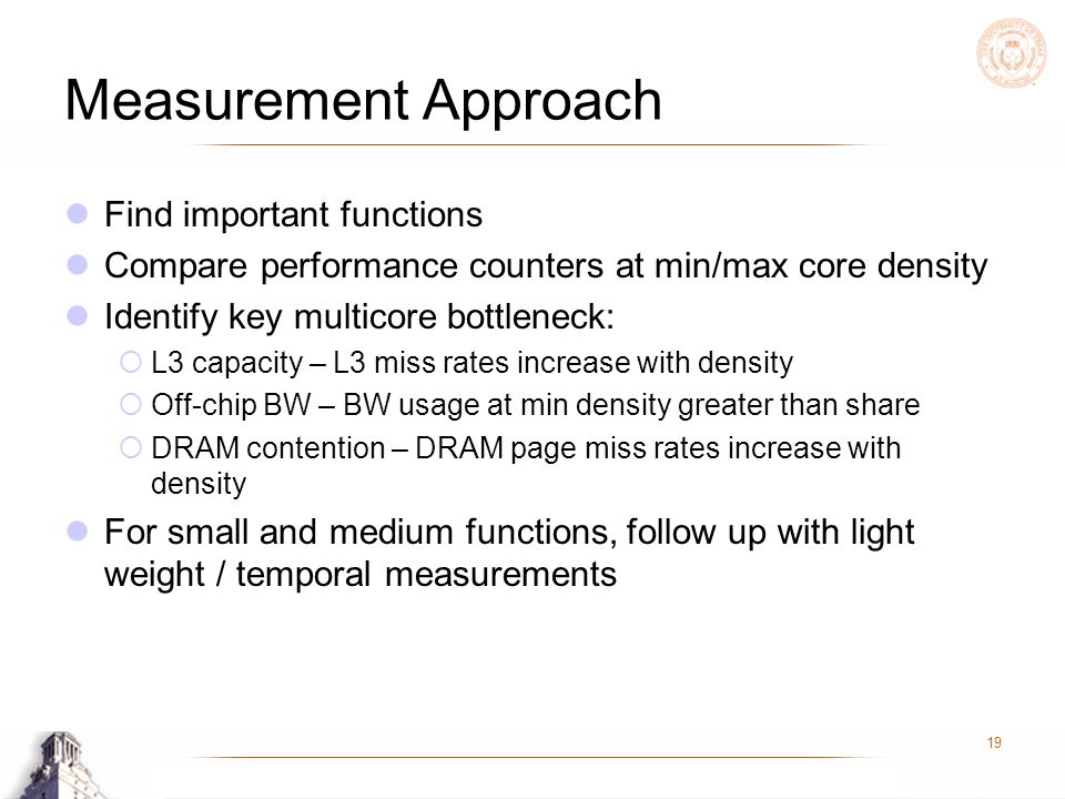 Measurement Approach Find important functions Compare performance counters at min/max core density Identify key multicore bottleneck:  L3 capacity – L3 miss rates increase with density  Off-chip BW – BW usage at min density greater than share  DRAM contention – DRAM page miss rates increase with density For small and medium functions, follow up with light weight / temporal measurements 19