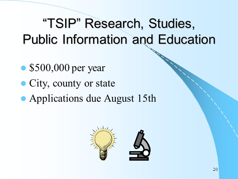 20 TSIP Research, Studies, Public Information and Education $500,000 per year City, county or state Applications due August 15th
