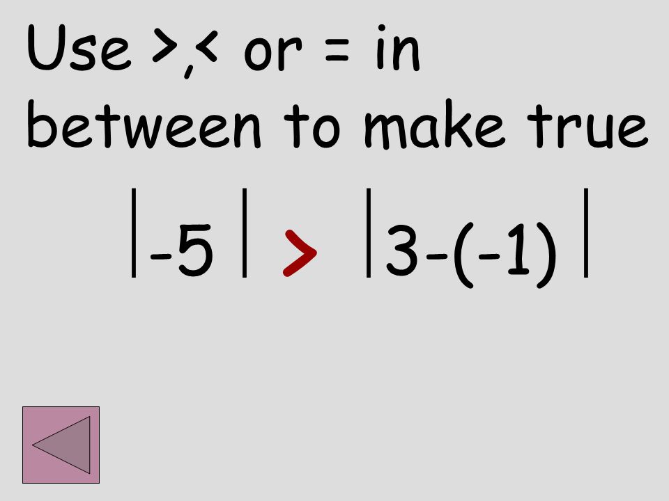 Use >, < or = in between to make true > ⃒ -5 ⃒⃒ 3-(-1) ⃒