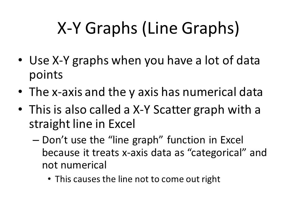 X-Y Graphs (Line Graphs) Use X-Y graphs when you have a lot of data points The x-axis and the y axis has numerical data This is also called a X-Y Scatter graph with a straight line in Excel – Don’t use the line graph function in Excel because it treats x-axis data as categorical and not numerical This causes the line not to come out right