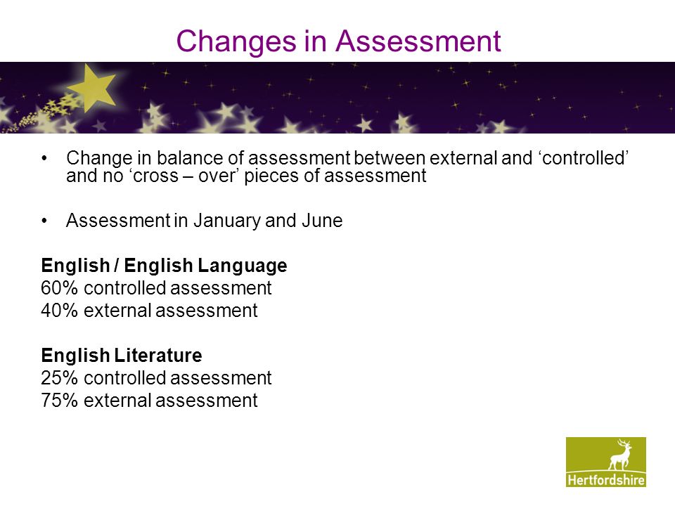 Changes in Assessment Change in balance of assessment between external and ‘controlled’ and no ‘cross – over’ pieces of assessment Assessment in January and June English / English Language 60% controlled assessment 40% external assessment English Literature 25% controlled assessment 75% external assessment