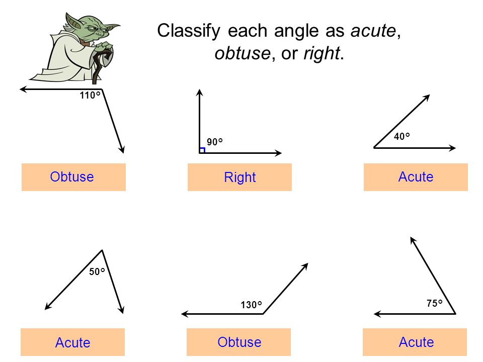acute angle: less than 90 0 Lets look at some angles. 