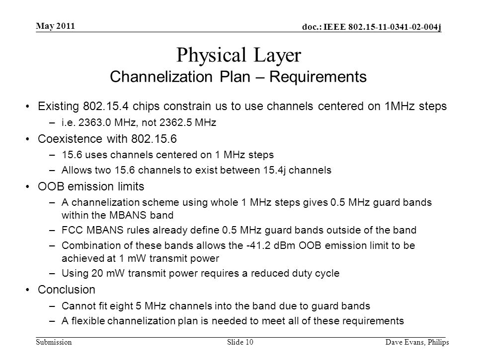 doc.: IEEE j Submission May 2011 Dave Evans, PhilipsSlide 10 Physical Layer Channelization Plan – Requirements Existing chips constrain us to use channels centered on 1MHz steps –i.e.