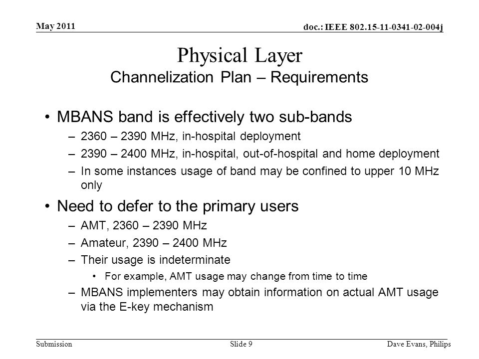 doc.: IEEE j Submission May 2011 Dave Evans, PhilipsSlide 9 Physical Layer Channelization Plan – Requirements MBANS band is effectively two sub-bands –2360 – 2390 MHz, in-hospital deployment –2390 – 2400 MHz, in-hospital, out-of-hospital and home deployment –In some instances usage of band may be confined to upper 10 MHz only Need to defer to the primary users –AMT, 2360 – 2390 MHz –Amateur, 2390 – 2400 MHz –Their usage is indeterminate For example, AMT usage may change from time to time –MBANS implementers may obtain information on actual AMT usage via the E-key mechanism
