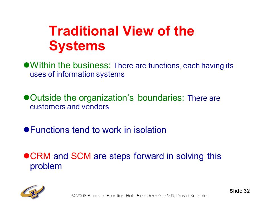 © 2008 Pearson Prentice Hall, Experiencing MIS, David Kroenke Slide 32 Traditional View of the Systems Within the business: There are functions, each having its uses of information systems Outside the organization’s boundaries: There are customers and vendors Functions tend to work in isolation CRM and SCM are steps forward in solving this problem